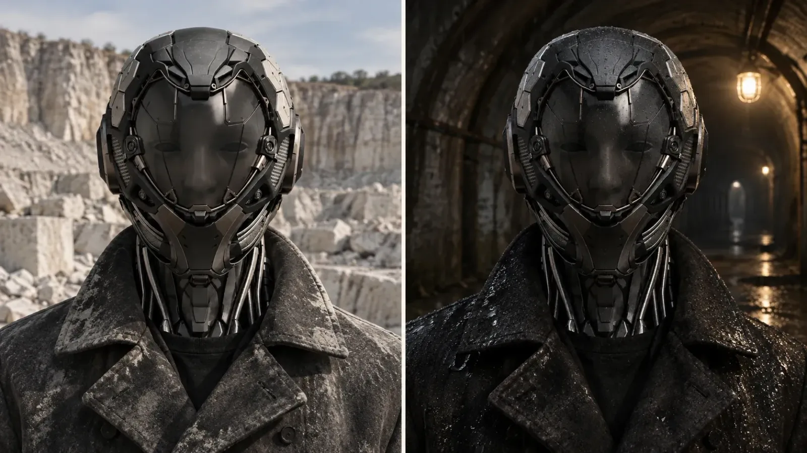 Sunniva Holte in daylight and a dim tunnel, with the same mechanical face and coat.