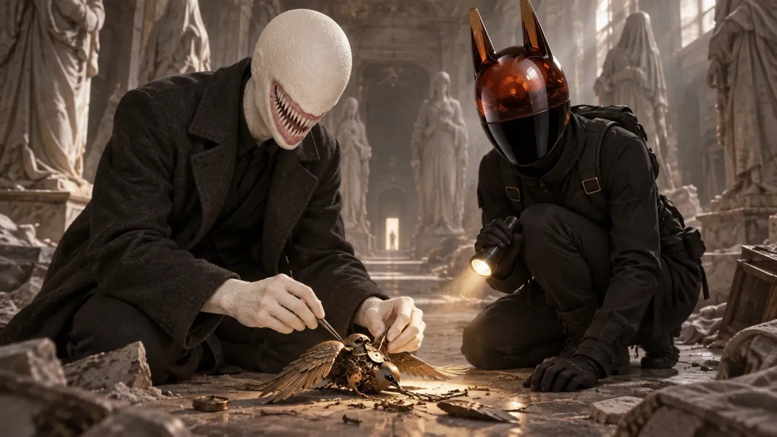 Tallis Vane and Tessa Calloway kneel together to repair a clockwork bird in an abandoned museum.