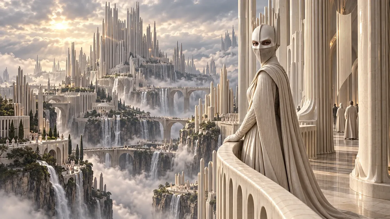 Inês Silveira on a balcony overlooking an immense white city of fluted towers and waterfalls.