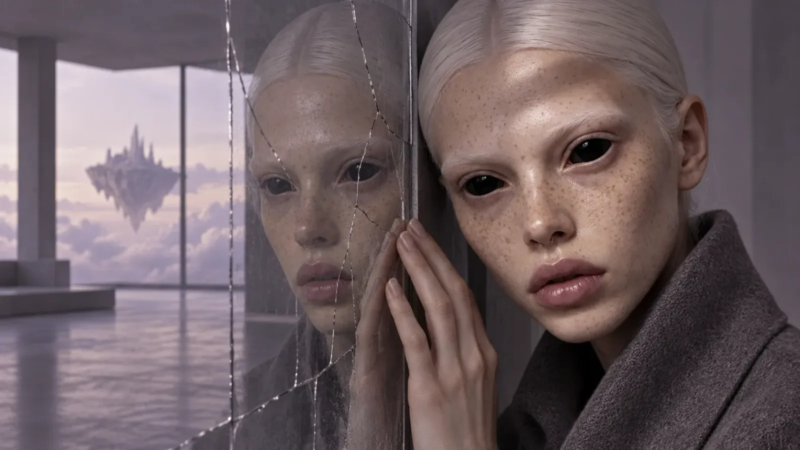 Ilona Vainio rests a hand against glass in a quiet room overlooking an impossible island.
