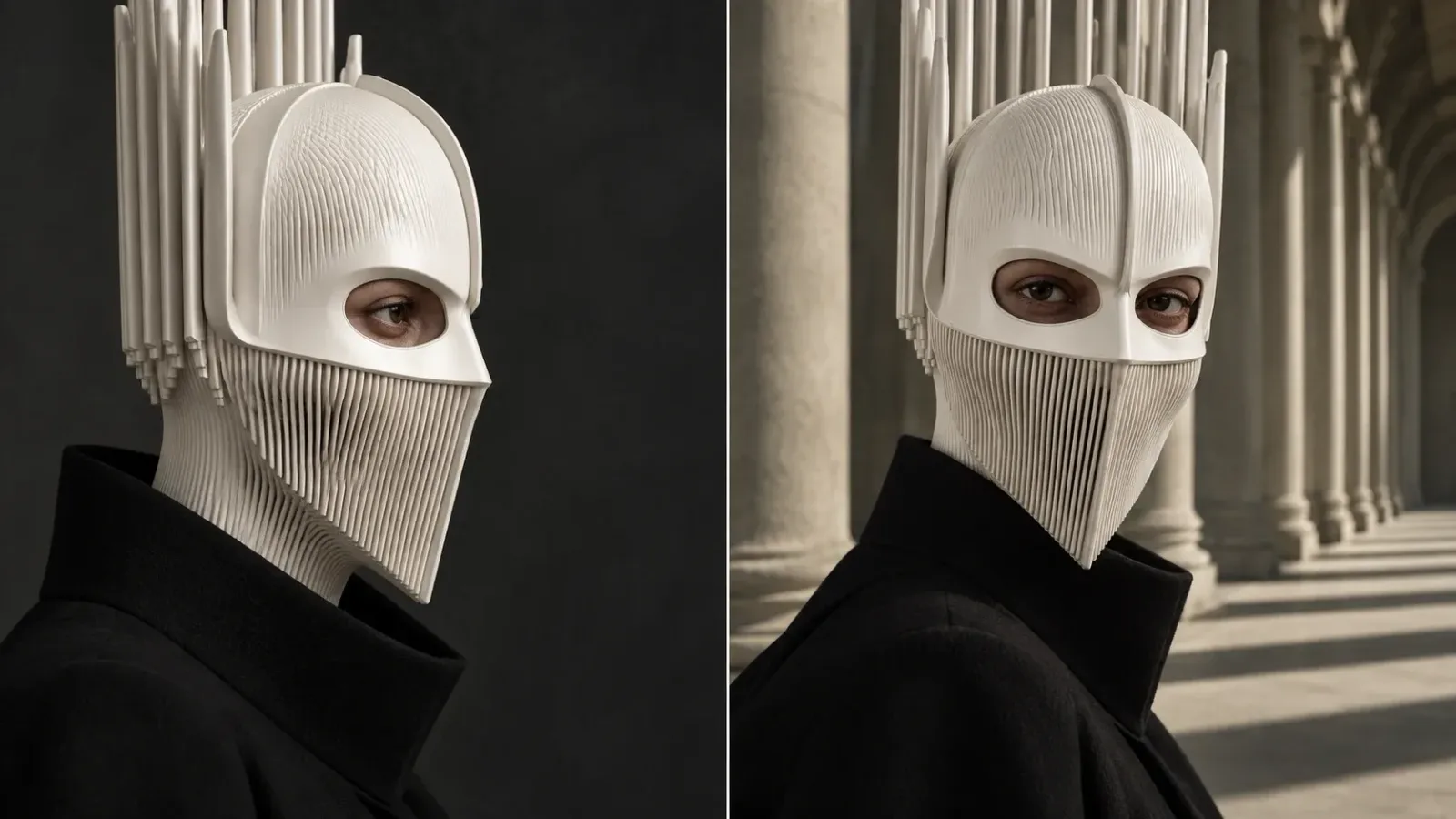 Inês Silveira in a chalk studio and an empty colonnade with the same fluted mask and black collar.