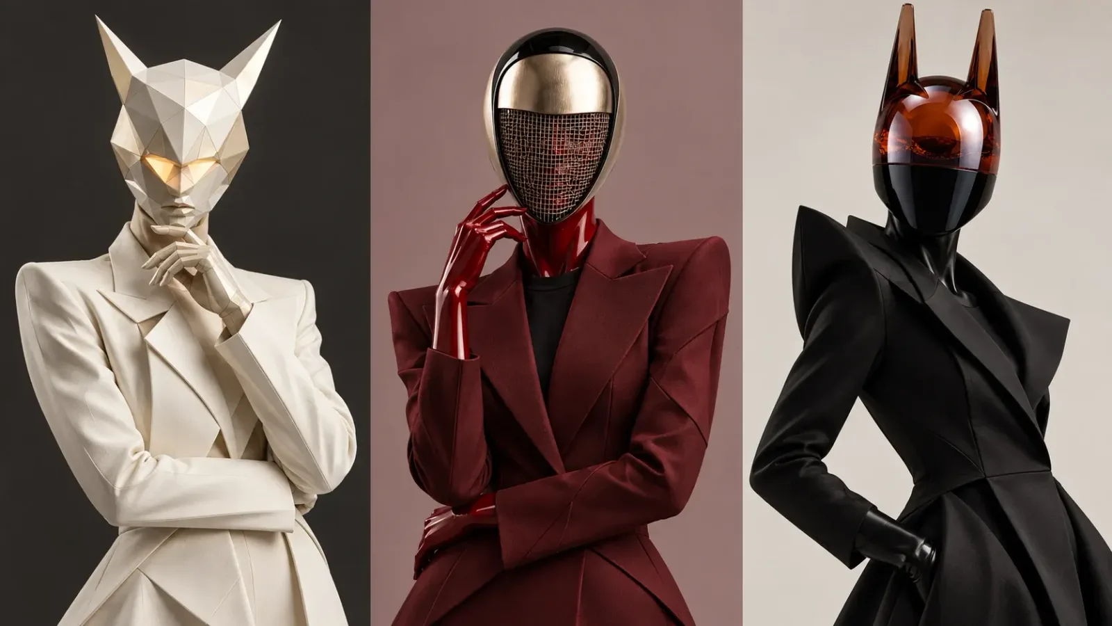 Saga Møller, Aava Lehtonen and Tessa Calloway in three contrasting tailored studio portraits.