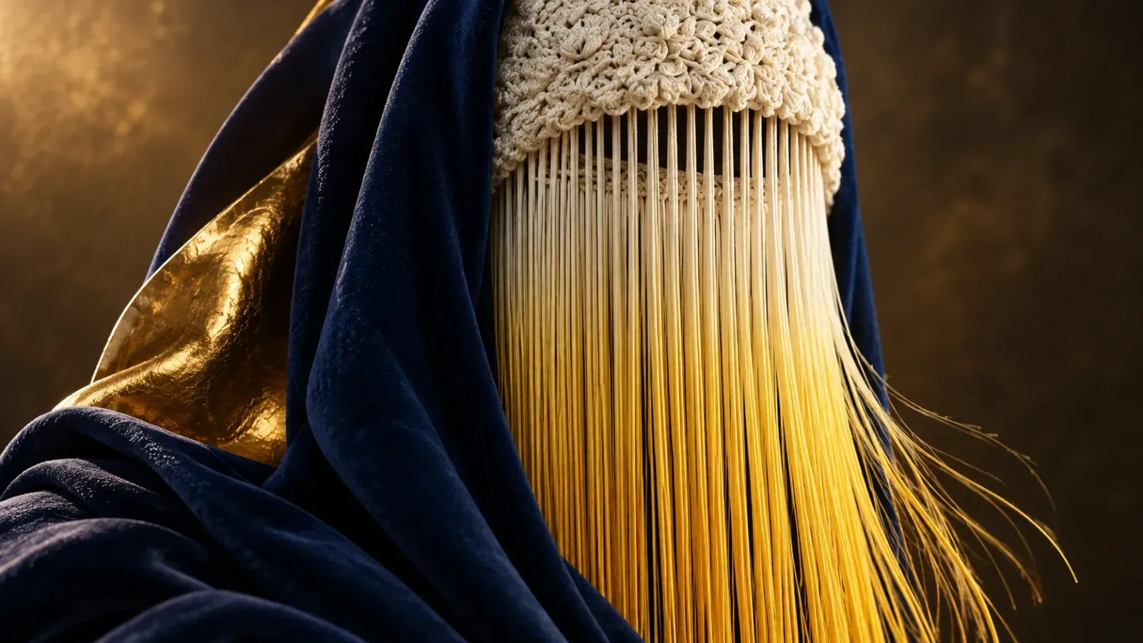 Close detail of Solveig Holst’s cream-to-gold filaments, ivory knitted crown and navy couture fabric.
